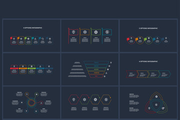 Line concept for infographic with 3, 4, 5, 6 options, parts or processes. Template for web on a black background.