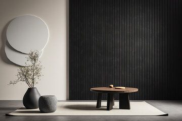 Grey wall panels and a black side table in minimalistic interior design composition.  - obrazy, fototapety, plakaty