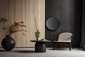 Grey wall panels and a black side table in minimalistic interior design composition. Generative AI