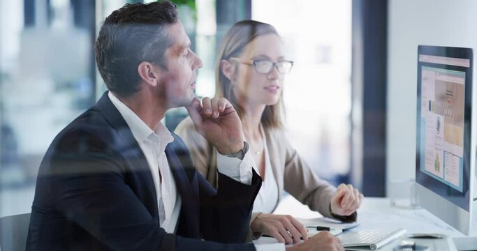 Computer, office teamwork and business people pointing at on online research, web design or project info screen. Designer, conversation and staff cooperation on UX system, wireframe or site webdesign