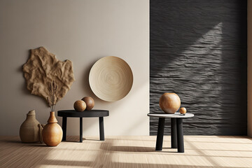 Grey wall panels and a black side table in minimalistic interior design composition. Generative AI