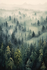 Foggy pine forest view from above Generative AI