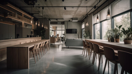 modern co-working spaces, "Minimalist Collaboration Zone"  Shot captures a spacious co-working area with a minimalist design. 