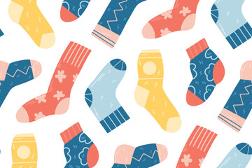 Pattern with cute children s colorful socks, with flowers and zigzags on a white background