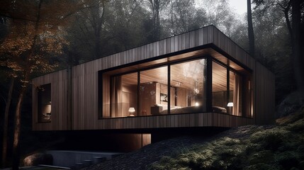 Wooden house in the forest. Generative AI