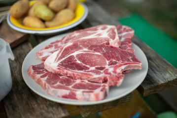 A piece of raw meat on a plate. Pork for barbecue, grill