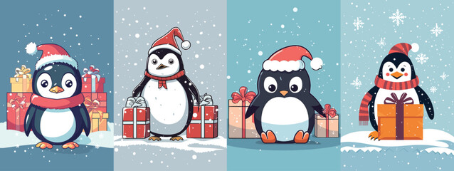 Whimsical Penguin Vector Art for Merry Christmas Greetings