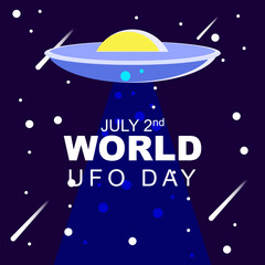 World ufo day 2 july, poster greeting card illustration design with UFO and earth in galaxy night paper cut style