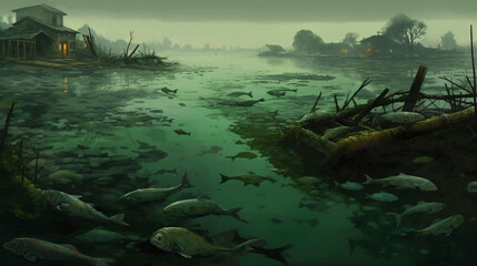 a harmful algal bloom, the waterway transformed into an eerie landscape of floating dead fish. generative ai