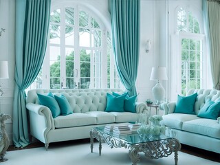 luxury living room with aqua curtains and sofa