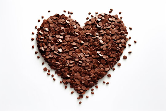 A heart or love shape made from scattered chocolate chips on top of white background