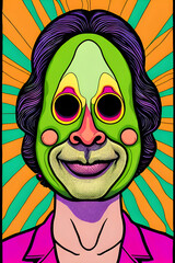 Cartoon psychedelic avocado poster.  (AI-generated fictional illustration)
