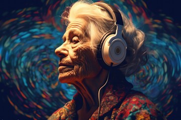 Older woman listens to music with headphones. Deep, bright colors, multicolored background. Generative AI