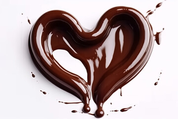 Melted chocolate syrup in a heart shape on white background