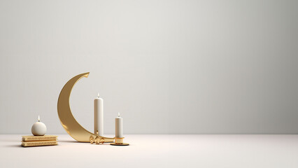 Islamic background, candle, gold crescent moon on white. Design concept of ramadan kareem, mawlid, iftar,isra and miraj or eid al fitr adha, copy space text area. generative ai.