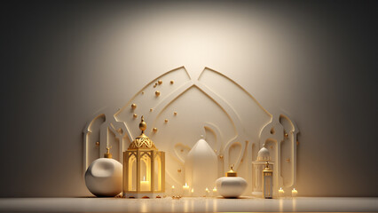 Islamic background, lantern on white. Design concept of ramadan kareem, mawlid, iftar,isra and miraj or eid al fitr adha, copy space text area. generative ai.