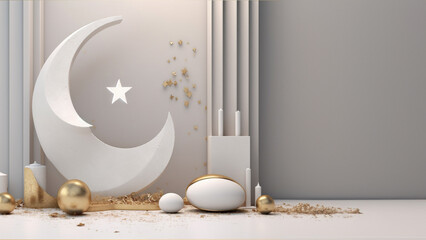Islamic background, candle, white crescent moon on white. Design concept of ramadan kareem, mawlid, iftar,isra and miraj or eid al fitr adha, copy space text area. generative ai.