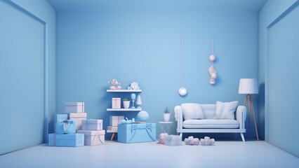 Happy Father’s Day decoration background with sofa and gift box, copy space text. generative ai.