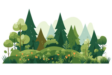 Forrest landscape with grass and lots of trees, nature inspired vector illustration - obrazy, fototapety, plakaty