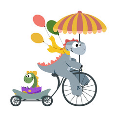 Cute dino with a little dinosaur on a bike. Children cartoon character dino. T-shirt graphics. Vector illustration.