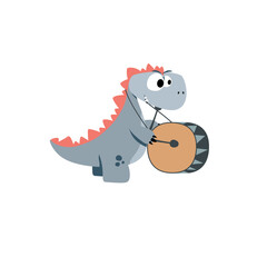 Adorable hand drawn childish dinosaur characters playing the drum. Vector illustration.
