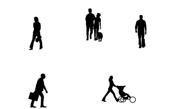People silhouettes. Pedestrians, people on the move, everyday walking. Vector silhouettes of women and men going to work, on business or walking. Set Vector People Silhouettes