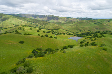 Obraz premium Upper Cottonwood Creek Wildlife Area. Beautiful Nature and Landscape. Green area with Cloudy Sky. Close to San Luis Reservoir. California, USA. Drone