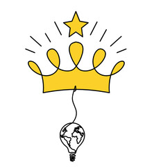 Abstract color crown with light bulb as line drawing on white