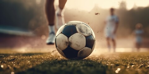 AI Generated. AI Generative. Soccer football ball foot kick motion game sport fit competition photo illustration. Graphic Art