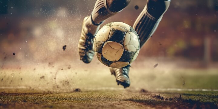 AI Generated. AI Generative. Soccer football ball foot kick motion game sport fit competition photo illustration. Graphic Art