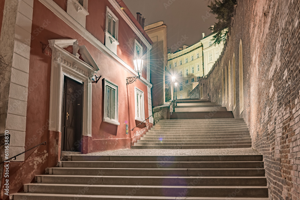 Wall mural night and stairs by the castle of prague. long exposure