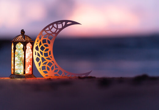 Happy Eid and Ramadan Mubarak concept Islamic background, Traditional lantern lamp with crescent moon shape