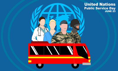 a doctor, nurse, veteran soldier and soldier with a red public bus and bold text commemorating United Nations Public Service Day on June 23
