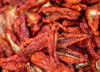 Image of dried tomatoes stocked in market for consumption.