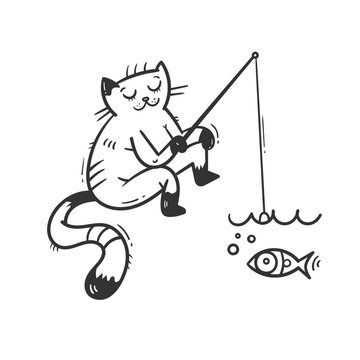 Card with  cute cartoon  fishing cat.  Funny doodle kitten. Vector contour image. Playful animal print.