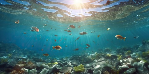 Obraz na płótnie Canvas AI Generated. AI Generative. Plastic ecology ocean sea water underwater pollution trash. Eco world problem. Graphic Art