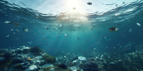 AI Generated. AI Generative. Plastic ecology ocean sea water underwater pollution trash. Eco world problem. Graphic Art