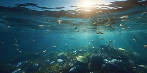 Naklejka na ściany i meble AI Generated. AI Generative. Plastic ecology ocean sea water underwater pollution trash. Eco world problem. Graphic Art