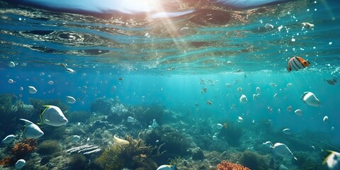 Fototapeta premium AI Generated. AI Generative. Plastic ecology ocean sea water underwater pollution trash. Eco world problem. Graphic Art