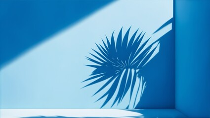 Minimal abstract blue background for product presentation with shadow. palm leaves and reflection of light from a window on a wall in a blue pastel room, generative ai