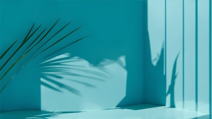 Minimal abstract blue background for product presentation with shadow. palm leaves and reflection of light from a window on a wall in a blue pastel room, generative ai