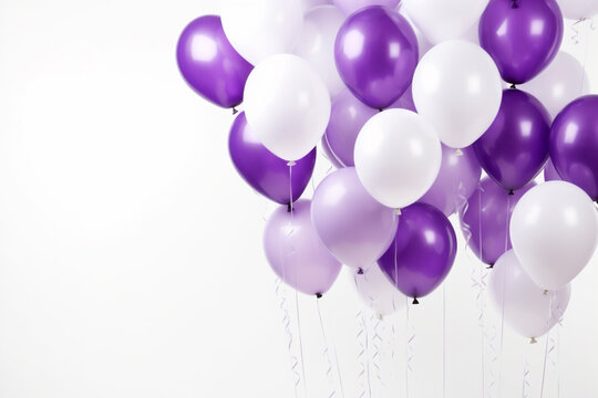 fliegende lila violet und weiße Ballons auf hellem Hintergrund. Querformat. Generative Ai.
