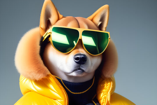 Futuristic fashion portrait of Shiba dog. generative AI