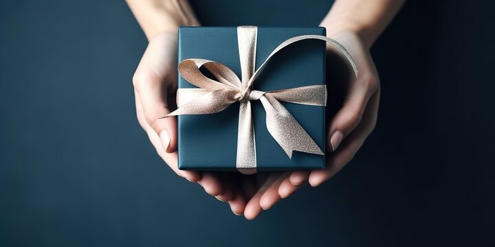AI Generated. AI Generative. Photo illustration of hands with box gift present. Christmas romantic birthday party vibe. Graphic Art