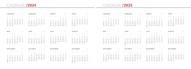 Set of 2024-2025 Annual Calendar template. Vector layout of a wall or desk simple calendar with week start monday.