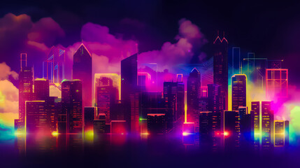 Fototapeta na wymiar abstract panoramic image of the night city, silhouettes of skyscrapers, clouds and lights of the night city, neon hologram, AI generated
