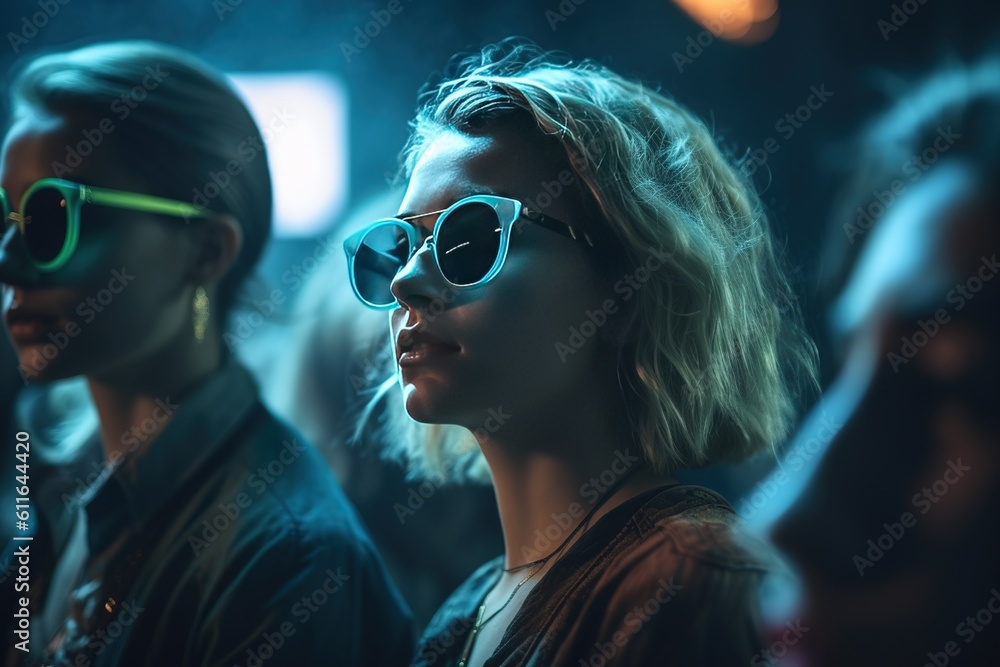 Poster a number of individuals seen using sunglasses while it is dark Generative AI