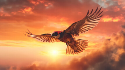 Naklejka na ściany i meble A stunning image of a bird flying in the sunset its wings spread wide and glides in the Colorful and Bright Sky. The light and shadows create a beautiful contrast on the bird AI Generative ART