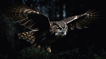 Round eyes and a curved beak, an owl is about to fly in the sky. It has a focused and angry expression on its face, as it searches for its prey. It spreads its wings wide shows its power AI Generative