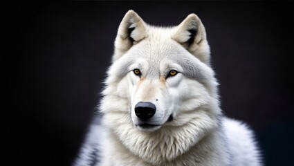 Fototapeta premium Magnificent wolf , Portrait of majestic white wolf on black background, Wildlife animal, generative ai